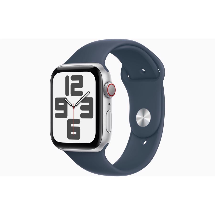 Apple Watch SE GPS & 4G 44mm Sølv Aluminium Case med Stormblå Sport Band - M/L