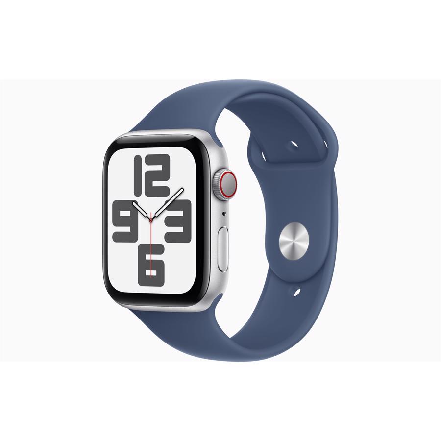 Apple Watch SE GPS & 4G 44mm Sølv Aluminium Case med Denimblå Sport Band - M/L