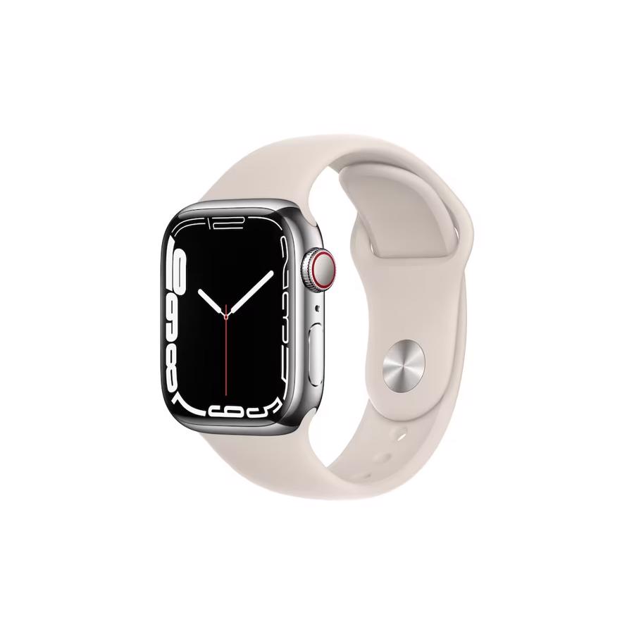 Apple Watch Series 7 GPS & 4G 41mm Silver Rustfri Stål Case med Starlight Sport Band